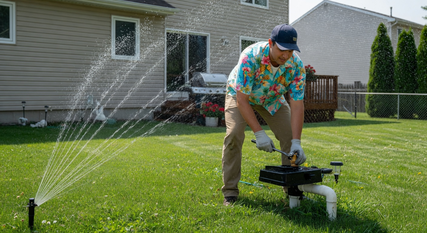 Professional Hunter irrigation system actively spraying on a lush Kansas City area residential lawn with technician visible