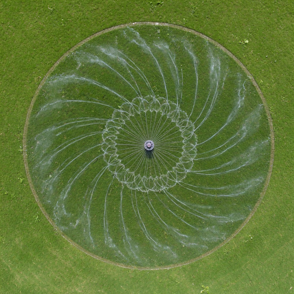 Top-down view of efficient Hunter MP Rotator multi-stream spray pattern showing uniform circular coverage on lawn