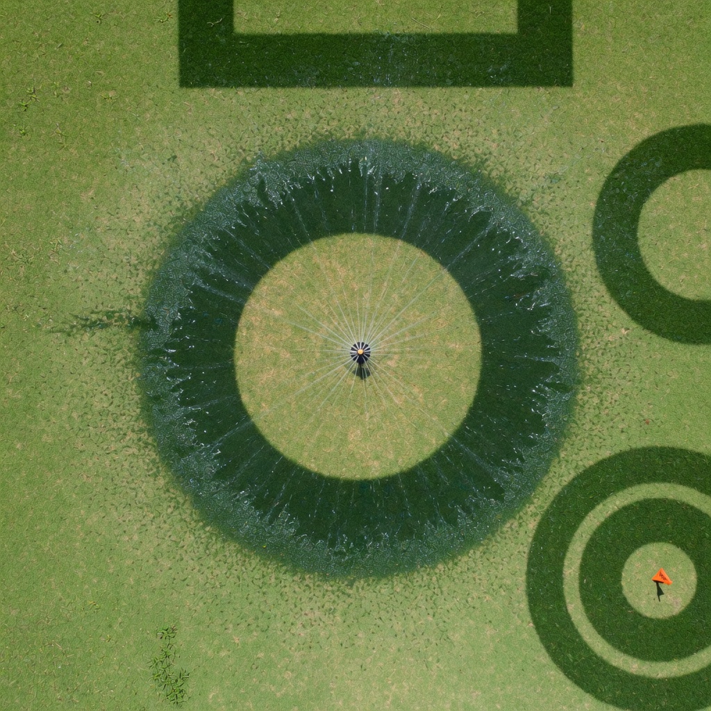 Top-down view of traditional fixed spray sprinkler pattern showing uneven donut coverage